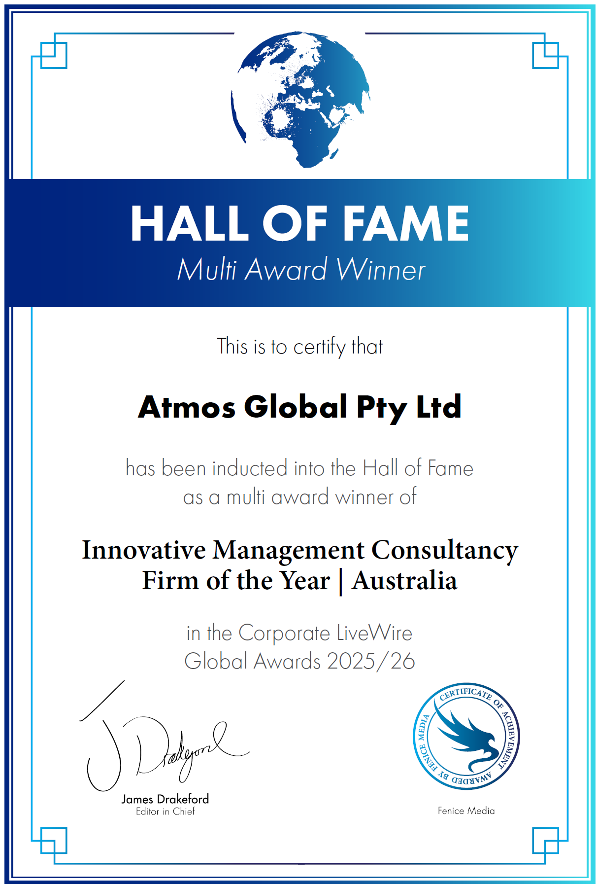 Atmos Global Hall of Fame Corporate Livewire Certificate